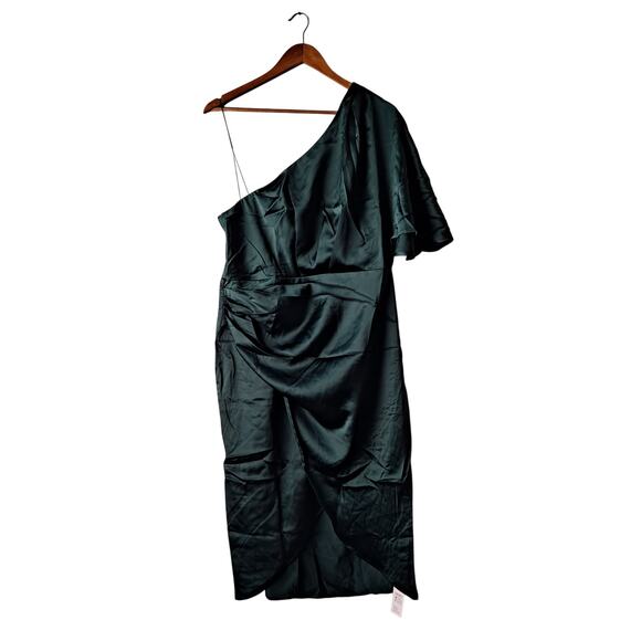 NWT Cupshe Ramla Dress Satin Pleated One Shoulder Sheath Midi Gown Green Size XL - Picture 2 of 13